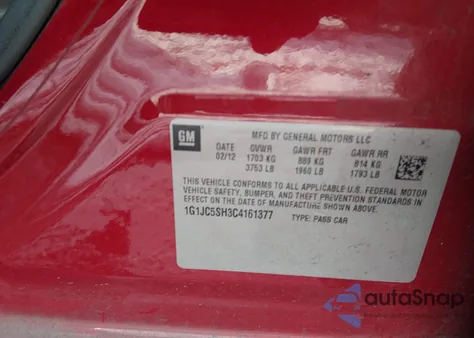 2012 Chevrolet Sonic 2Lt z USA, uszkodzony, nr VIN 1G1JC5SH3C4161377